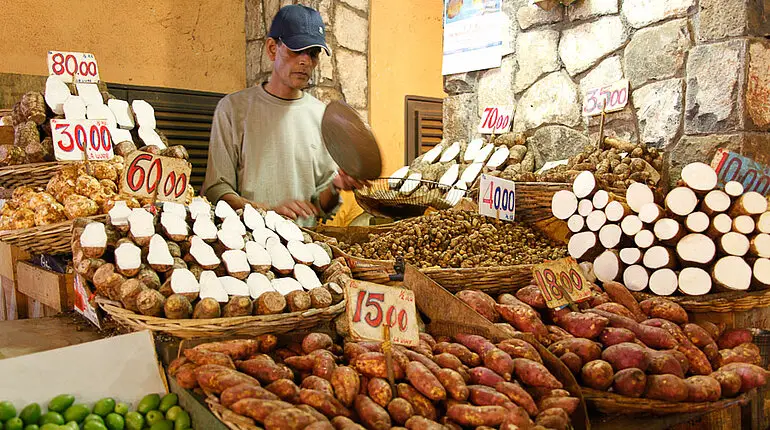 Süßkartoffeln auf dem Markt in Port Louis