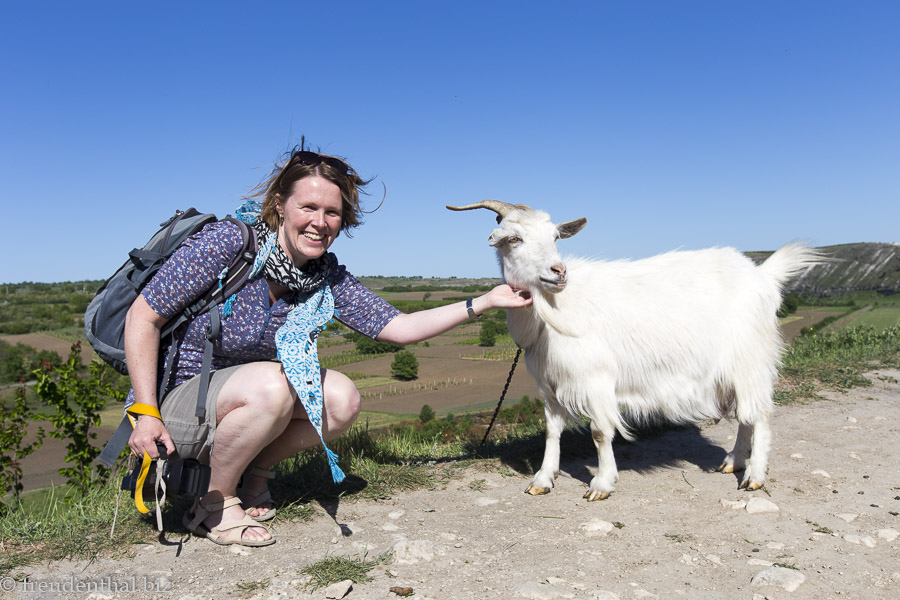 Anne und eine Ziege auf dem Butuceni-Hügel bei Orheiul Vechi