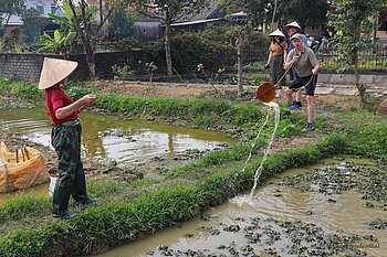 traditionelle Wasserschöpftechnik bei einer Farm in der Region Ninh Binh