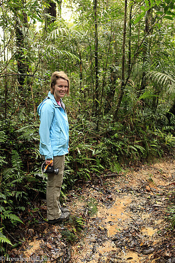 Annette auf der Suche nach weniger Matsch auf dem Kiau View Trail.