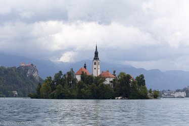 Aussicht vom Holzsteg auf die Insel im Bleder See