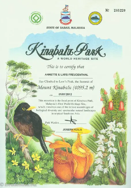 Zertifikat zum erfolgreichen Aufstieg auf den Kinabalu