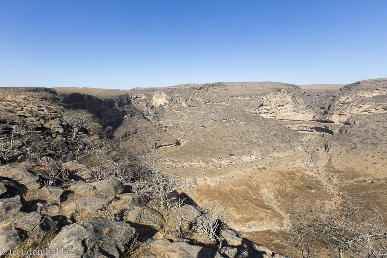 Blick in die Doline Teyq, ein tiefer Einsturztrichter in der Region Dhofar, Oman