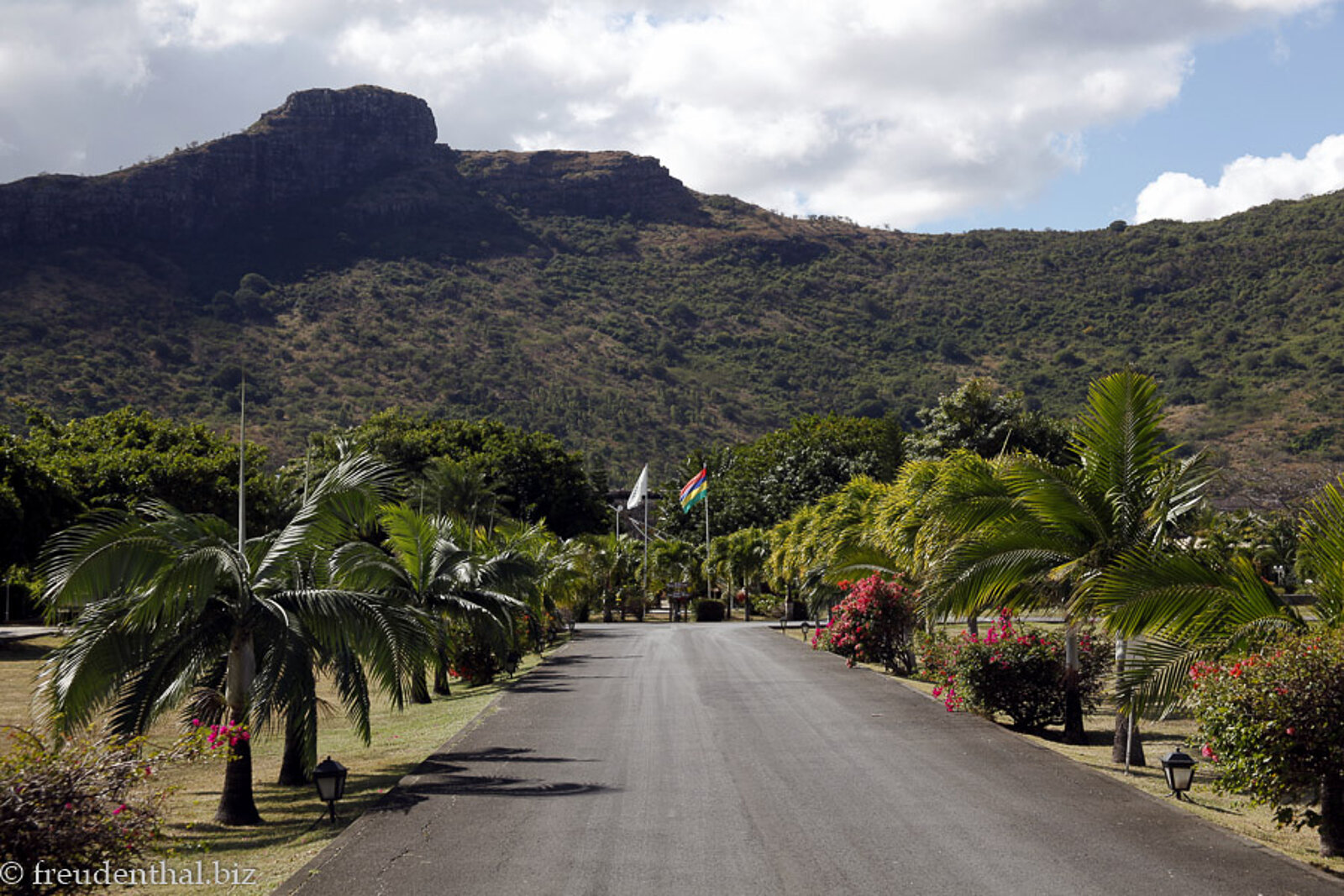 Zufahrt zur Domaine Les Pailles vor einer malerischen Bergkulisse auf Mauritius