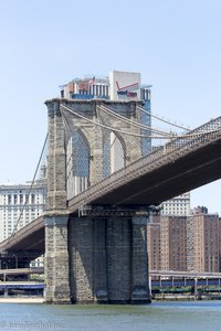 Blick auf die Brooklyn Bridge von der Riverfront Promenade