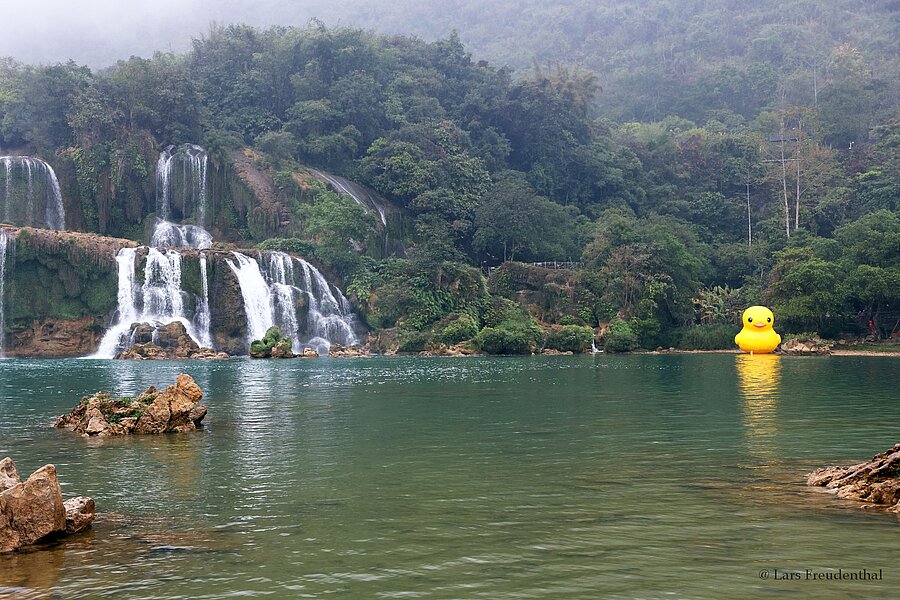 Die gelbe Ente rechts im Bild befindet sich auf der chinesischen Seite der Wasserfälle.