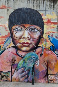 Indianerin mit Papagei, Graffito in der Comuna 13 von Medellín.