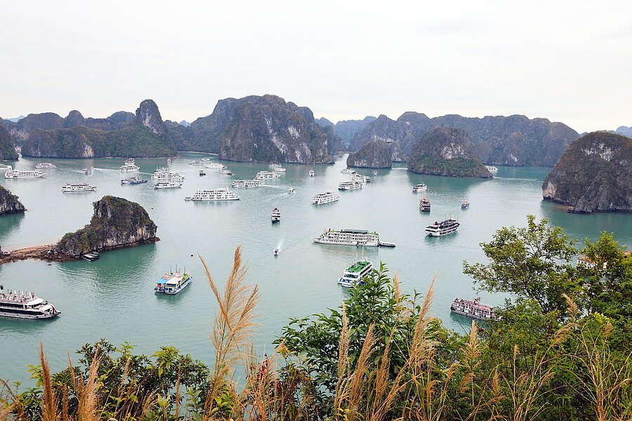 Dschunken und Ausflugsboote vor Ti Top Island in der Halong-Bucht