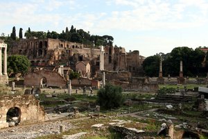 Blick über das Forum Romanum mit den REsten der Basilica Julia zum Palatin