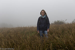 Anne im Nebel auf dem Baekyaki Oreum Vulkankegel