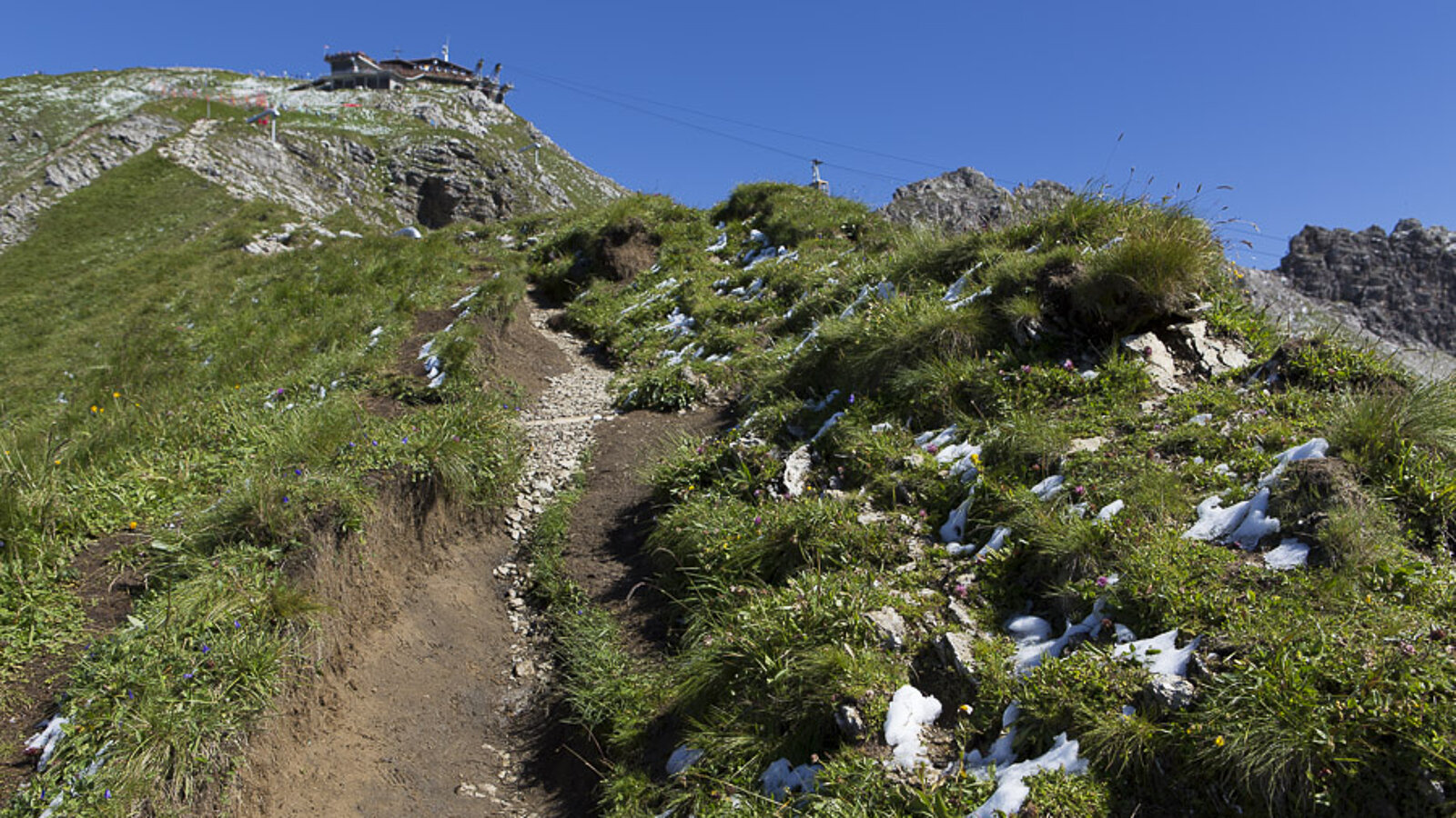 schmaler Weg beim Aufstieg über den Südgrat aufs Nebelhorn bei Oberstdorf