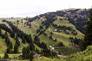 Sicht auf den Gipfel Rigi-Kulm, links Zahnradbahn